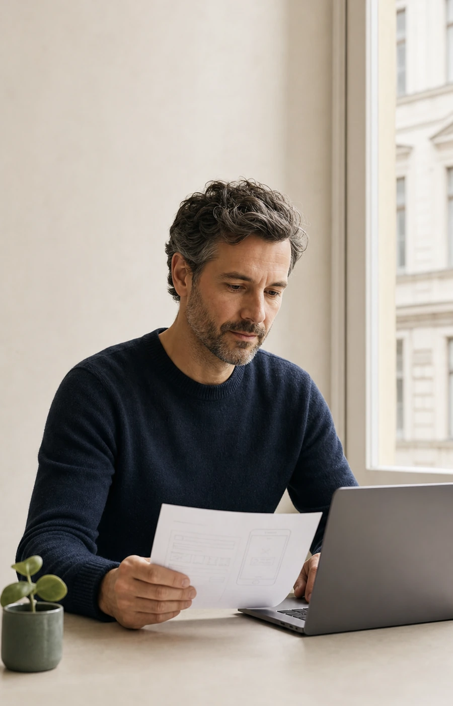 An experienced specialist reviewing a digital plan